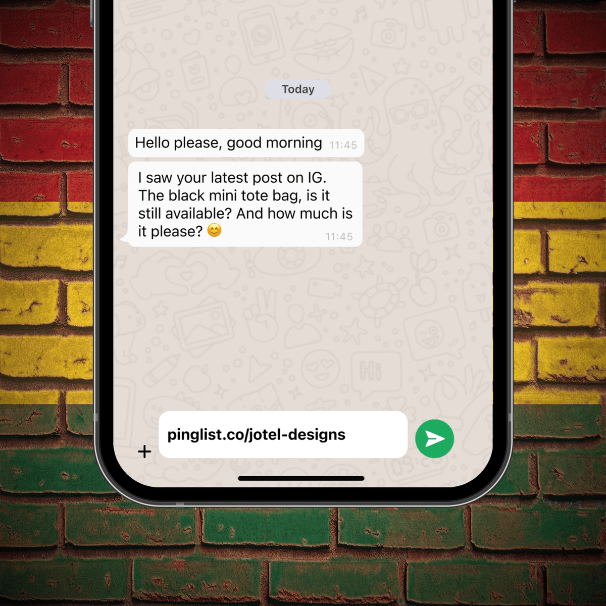 A structured Pinglist order request arriving in a vendor's WhatsApp