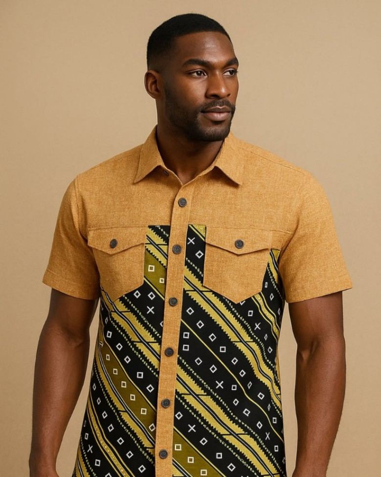 Kwame Ochre Tribal Panel Shirt
