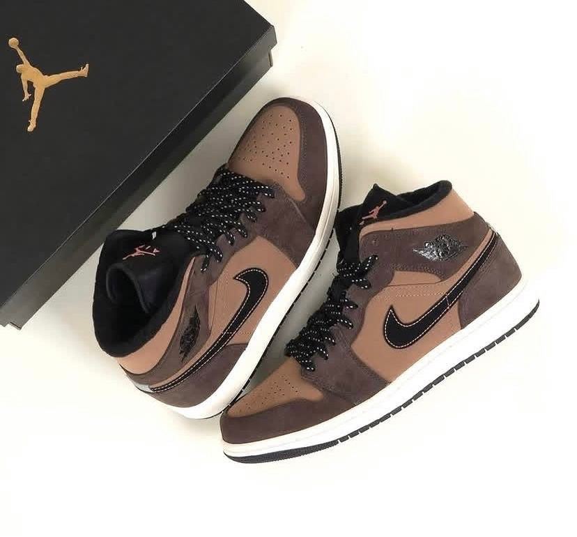 Nike Air Jordan 1 Mid SE Dark Chocolate sneakers featuring a dark brown suede overlays and light brown nubuck upper