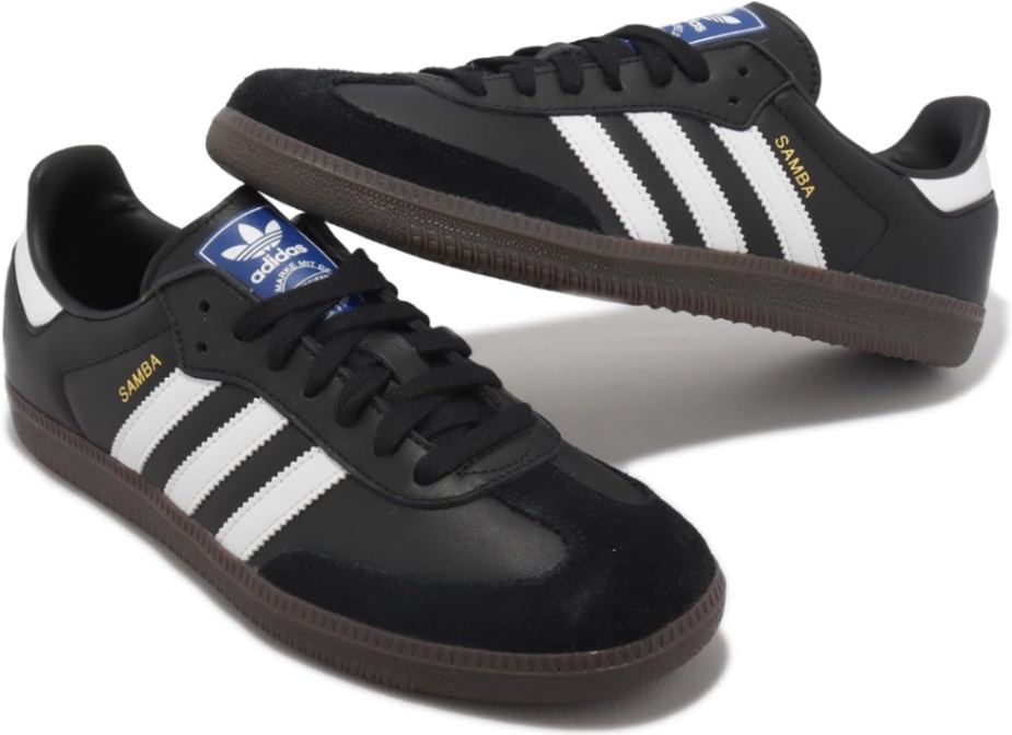Adidas Samba OG sneakers feature a classic black leather upper with white stripes and a distinctive gum rubber sole.