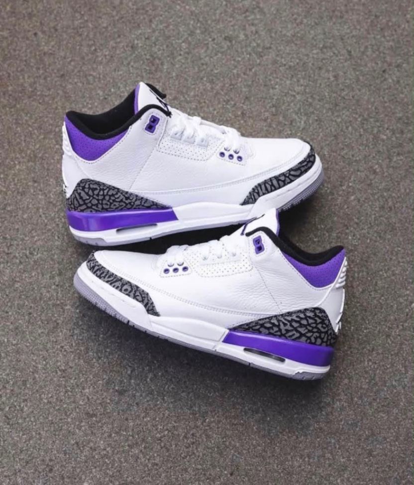 Jordan Air Jordan 3 "Dark Iris" sneakers, + white leather base and purple highlights.
