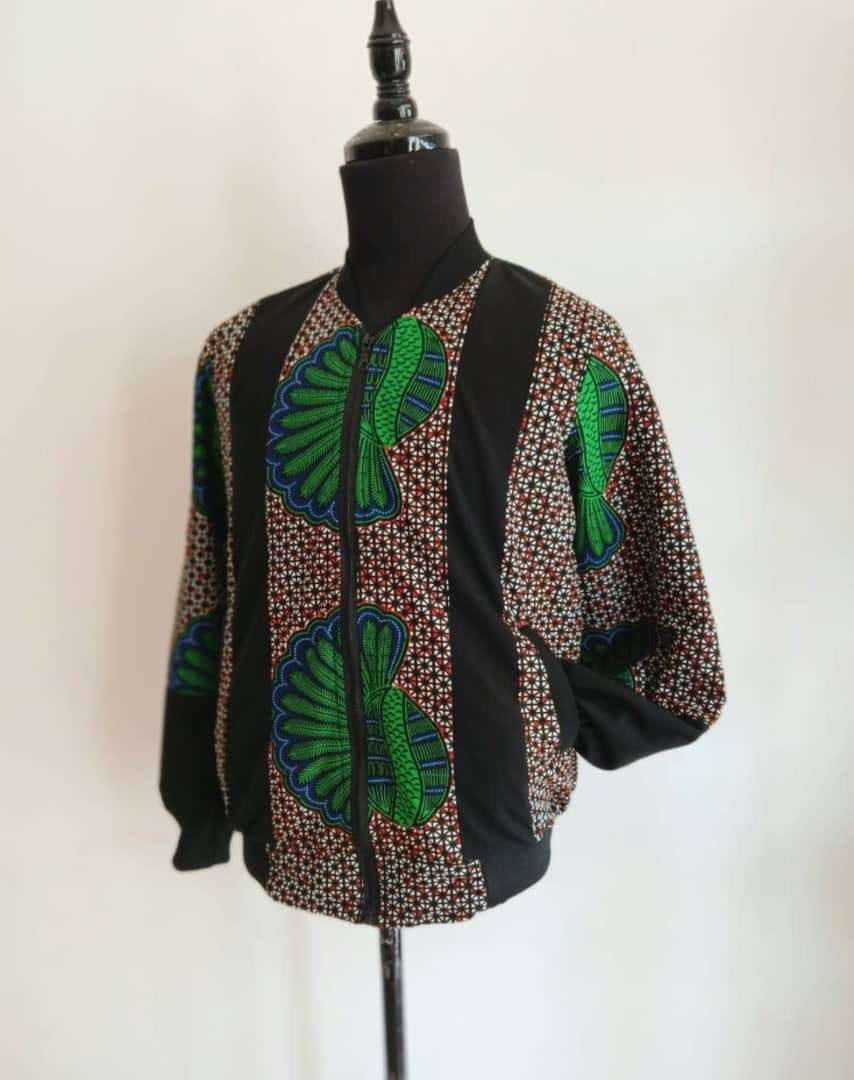 African print Unisex  Bomber jacket with a touch of black cotton 