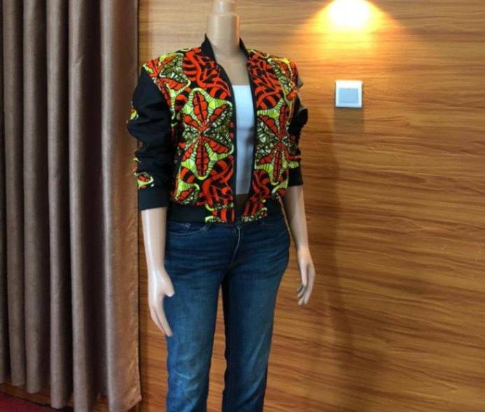 African print Unisex  Bomber jacket with a touch of black cotton 