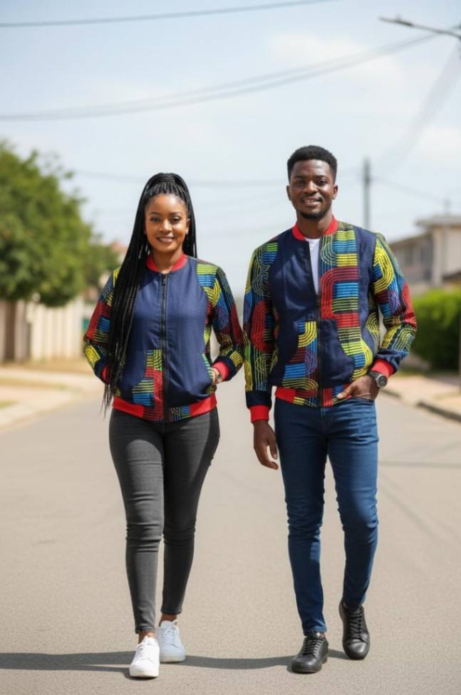 African print Unisex  Bomber jacket with a touch of Denim