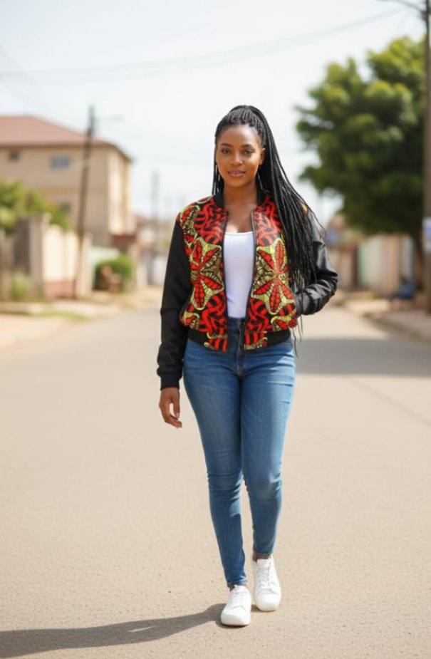 African print Unisex  Bomber jacket with a touch of black cotton 