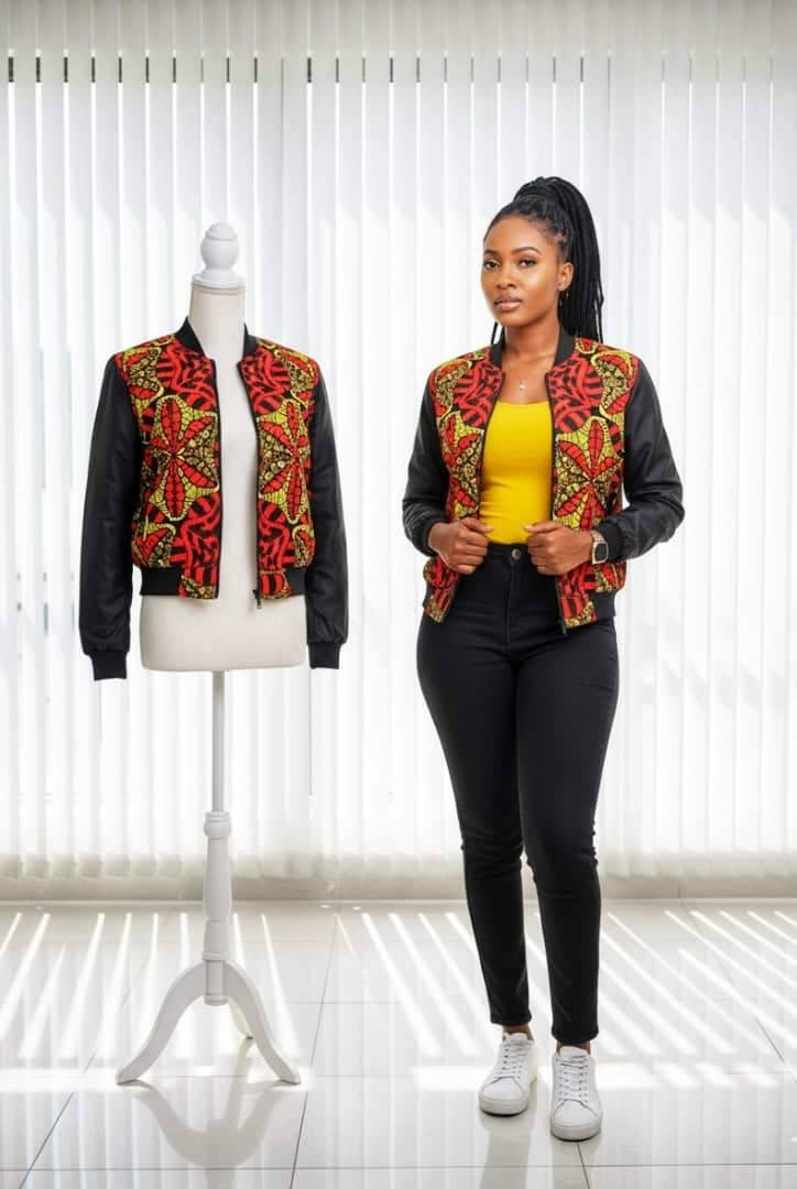 African print Unisex  Bomber jacket with a touch of black cotton 