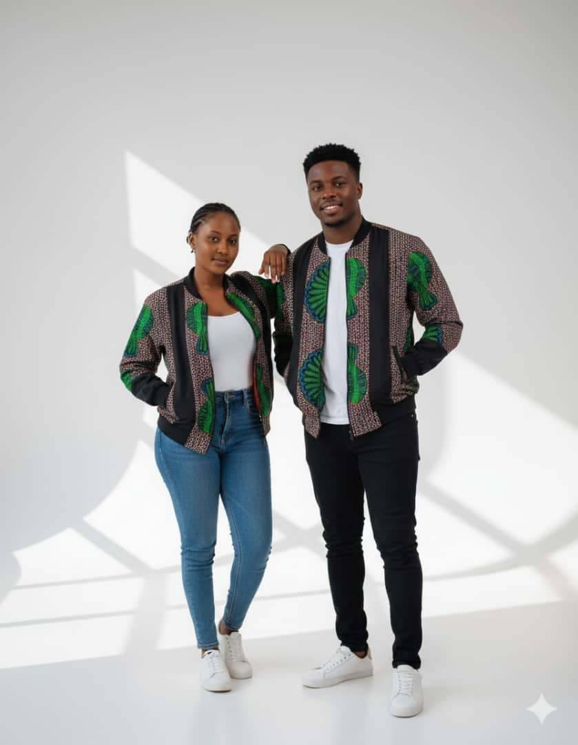 African print Unisex  Bomber jacket with a touch of black  cotton 