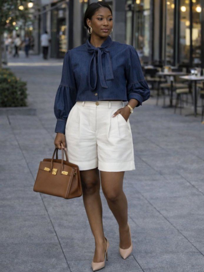 The Bow-Tie Denim Blouse & Tailored Shorts